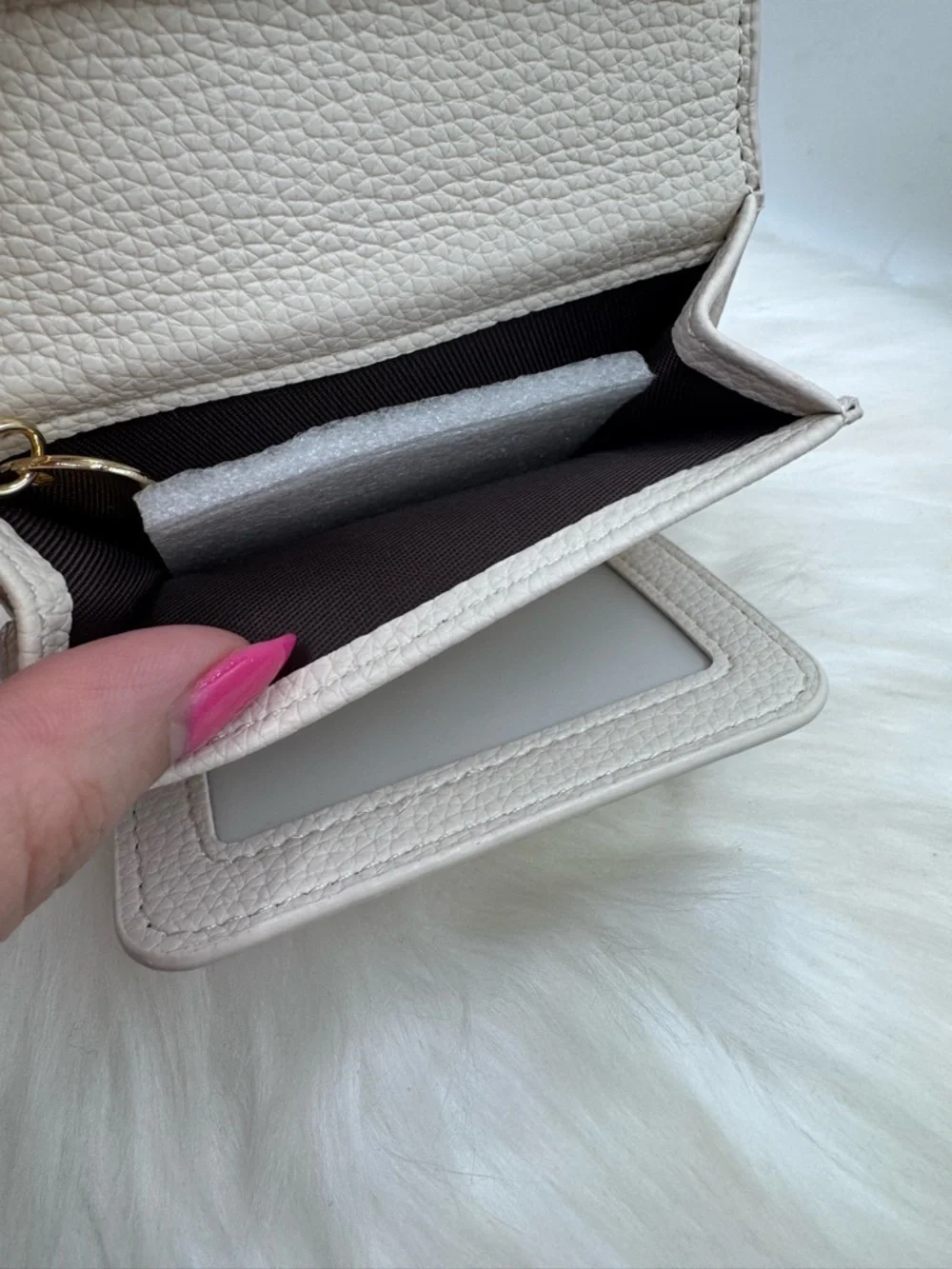 Beige Faux Leather Card Holder Wallet w/ Wristlet Strap & Charm Keychain